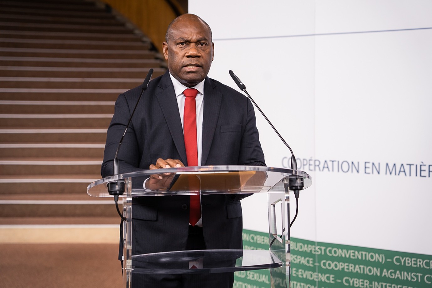 Acting Director of DCDT, Mr. John Jack, delivering the Vanuatu’s official address before the depositing the instrument for Accession to the Budapest Convention on Cybercrime. 